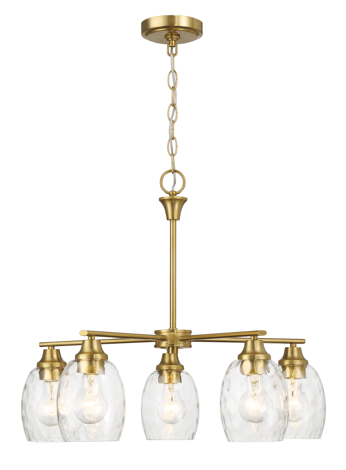 Elegance Five Lights Linear Arms with Golden Brass Finish Chain Chandelier 24"W × 8.5"H with Clear Water Glass from Midinmod - Luna Furniture