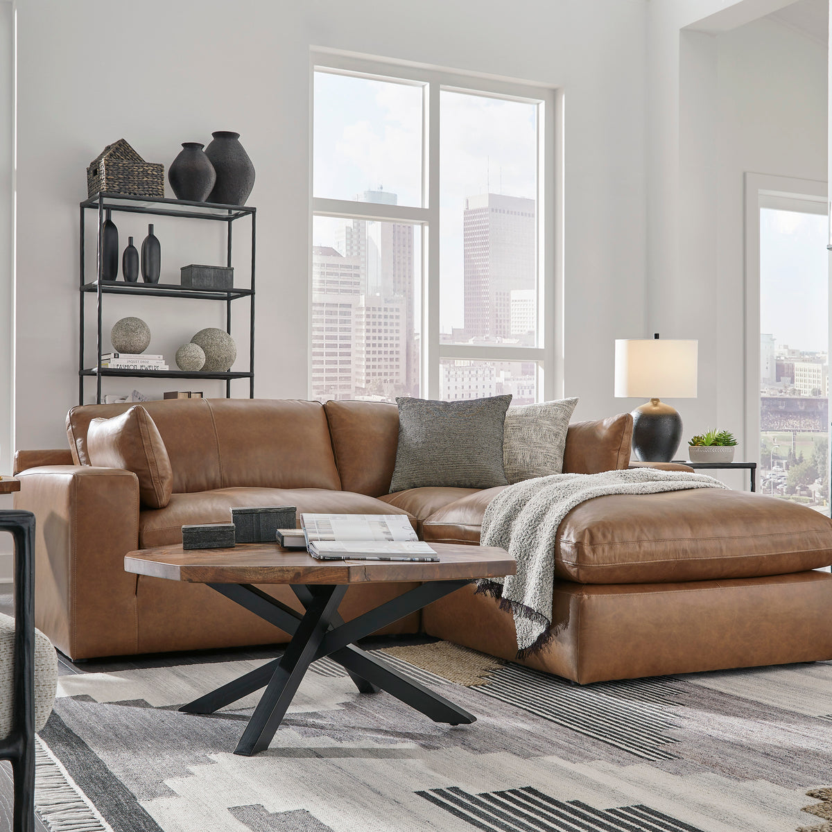 Ashley Emilia Caramel Leather 3-Piece Modular Sectional with 