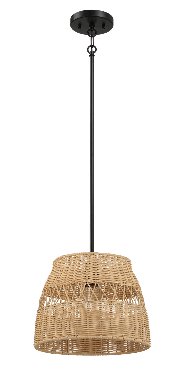 Essence Single Lights Pendant With Rattan Shade Black Metal Finish for Farmhouse Style