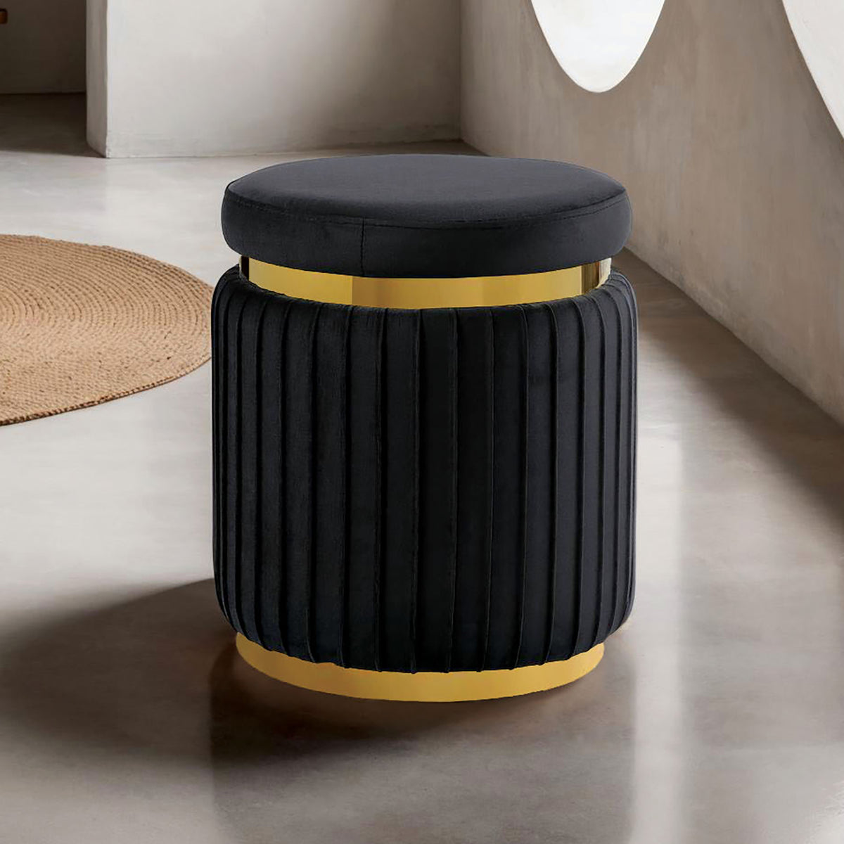 Dottie Black stool, black pleated velvet-look upholstery and gold trim, front view