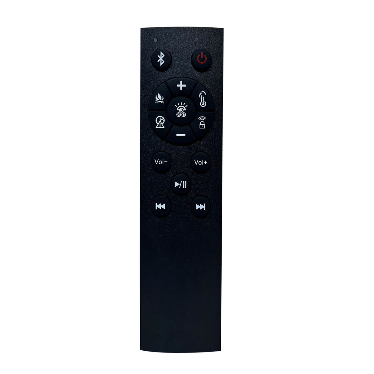 Elnath Black fireplace bench remote control, black finish and media-style buttons, front view