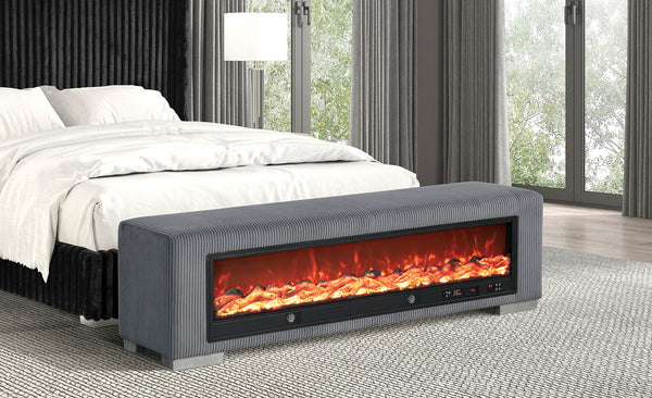 Elnath Gray Bench with Visual Wood Log Fireplace