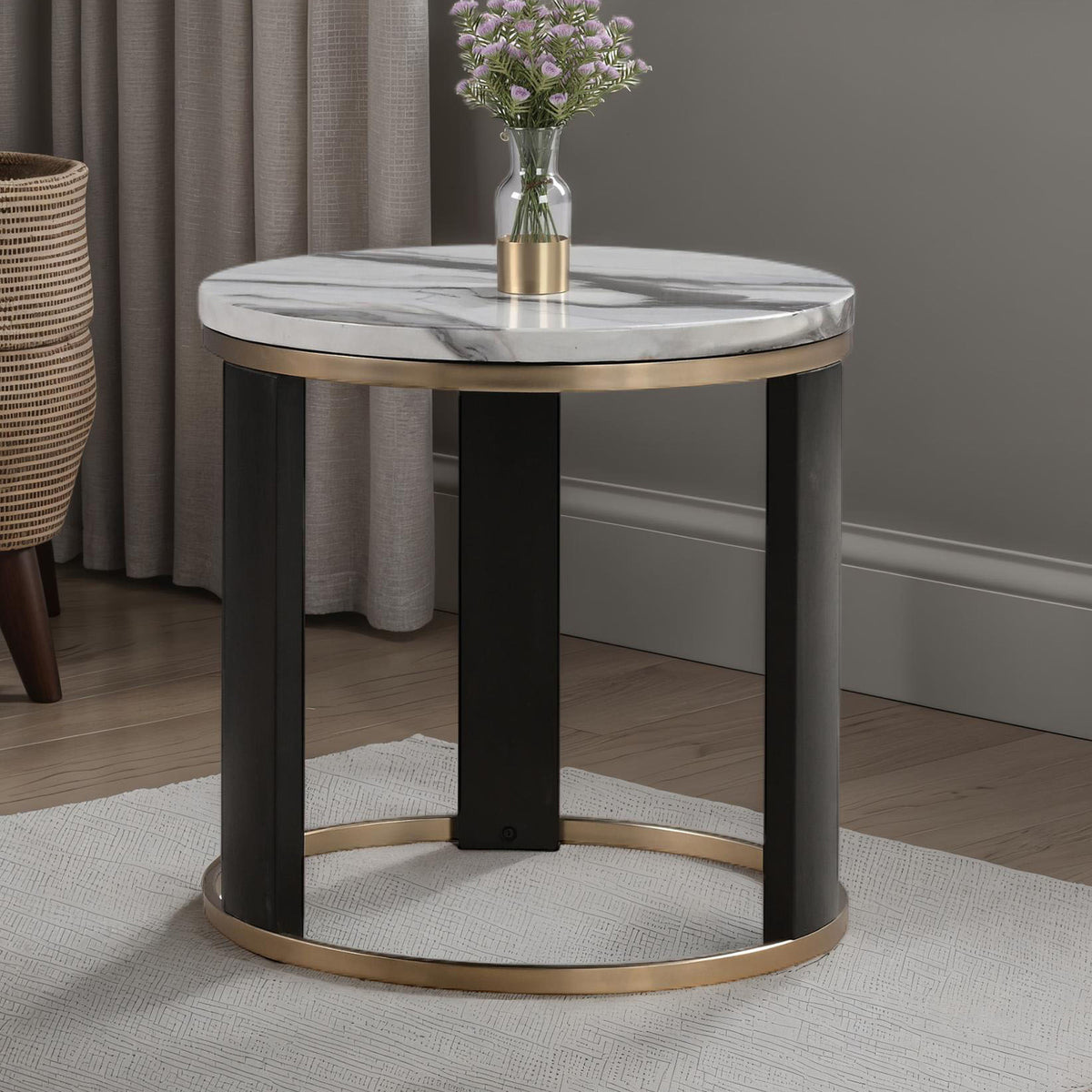 Bogor White/Gold/Black Round End Table from Furniture of America - Luna Furniture