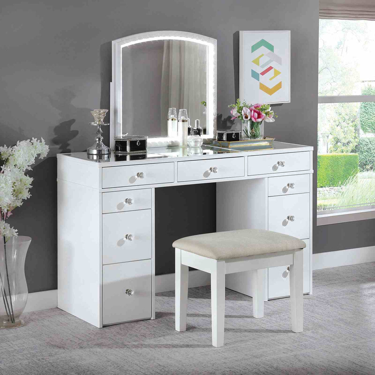 Louise White Vanity with Stool from Furniture of America - Luna Furniture