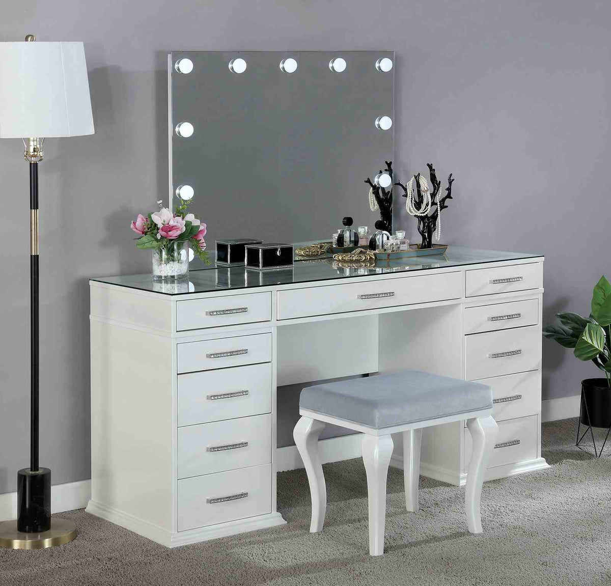 Valentina Luminous White Vanity Set from Furniture of America - Luna Furniture