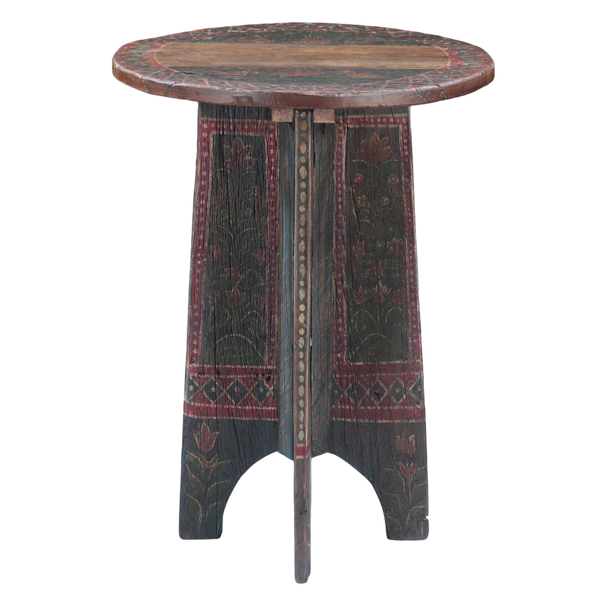 Rustic Roots round side table, hand-painted reclaimed wood, front view