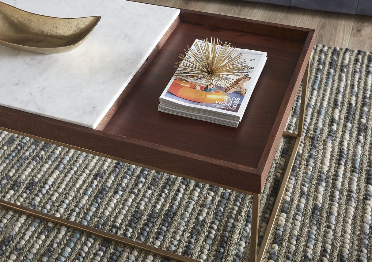 Serene 45" Coffee Table with White Marble in Walnut and Brass Base from Home Trends & Design - Luna Furniture