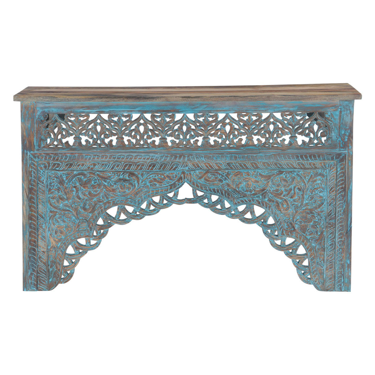 Tribal 59" Teal Carved Wood Console Table