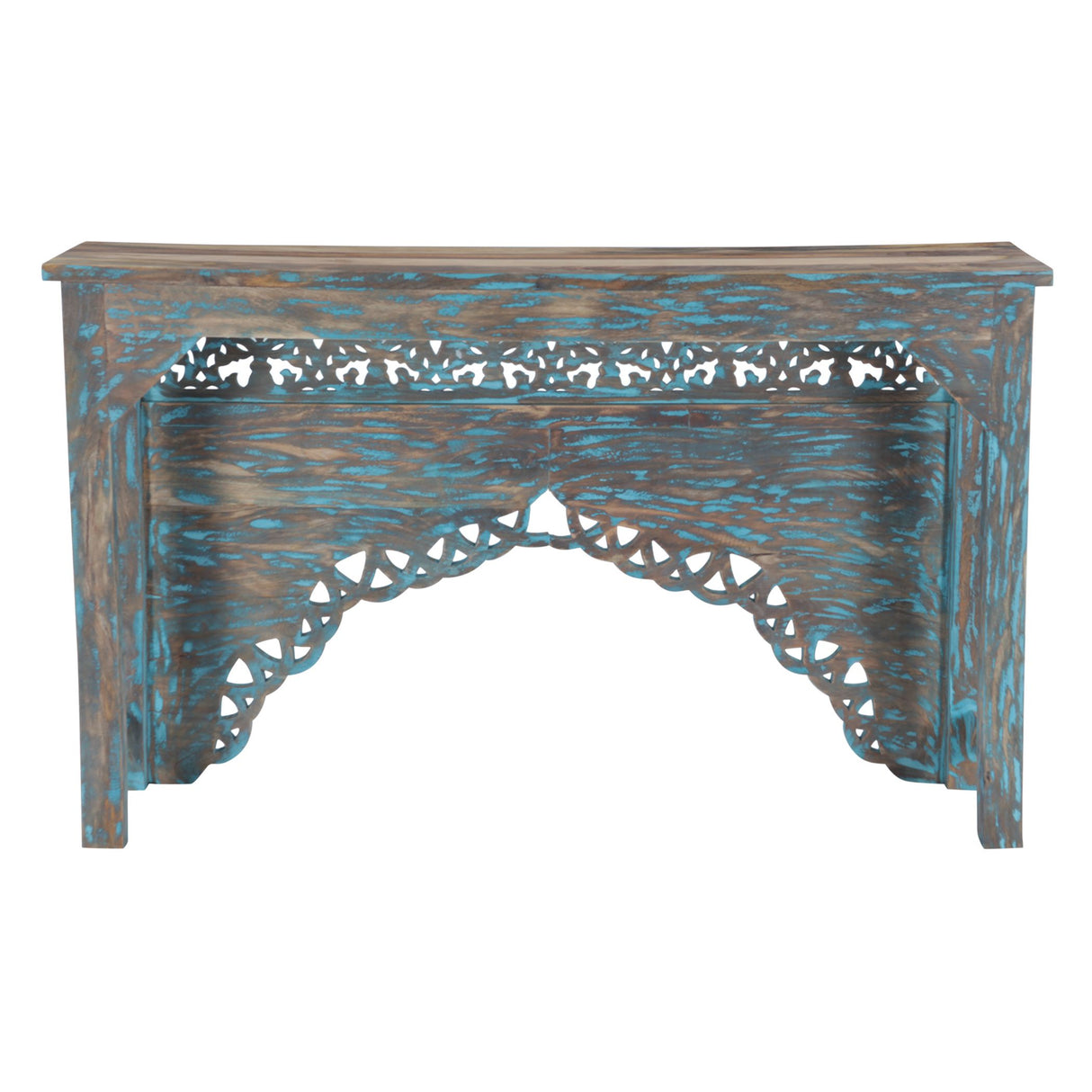 Tribal 59" Teal Carved Wood Console Table