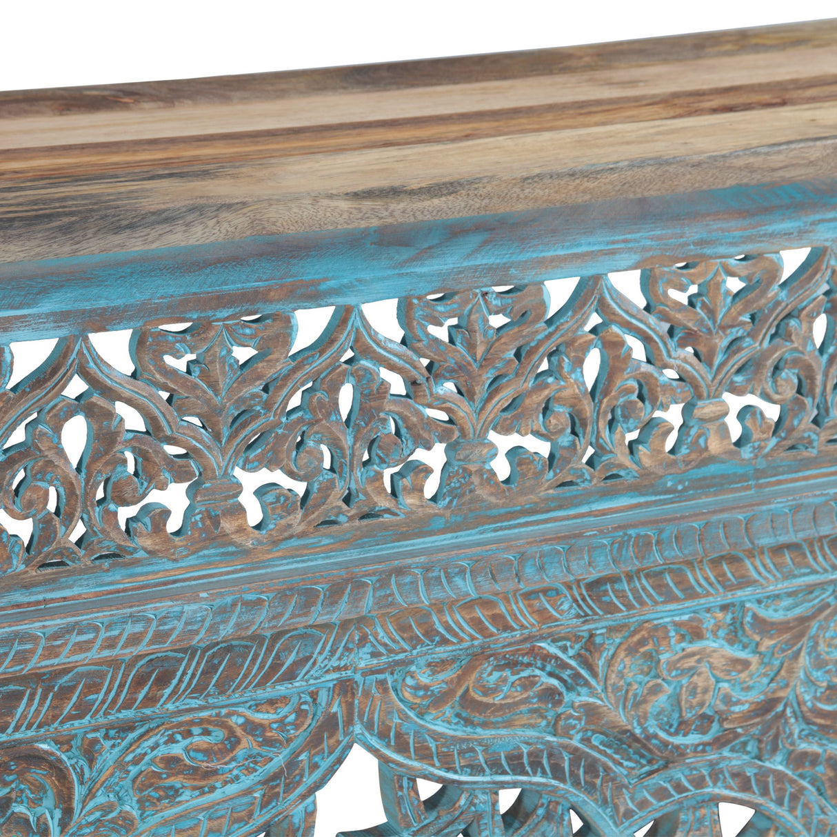 Tribal 59" Teal Carved Wood Console Table