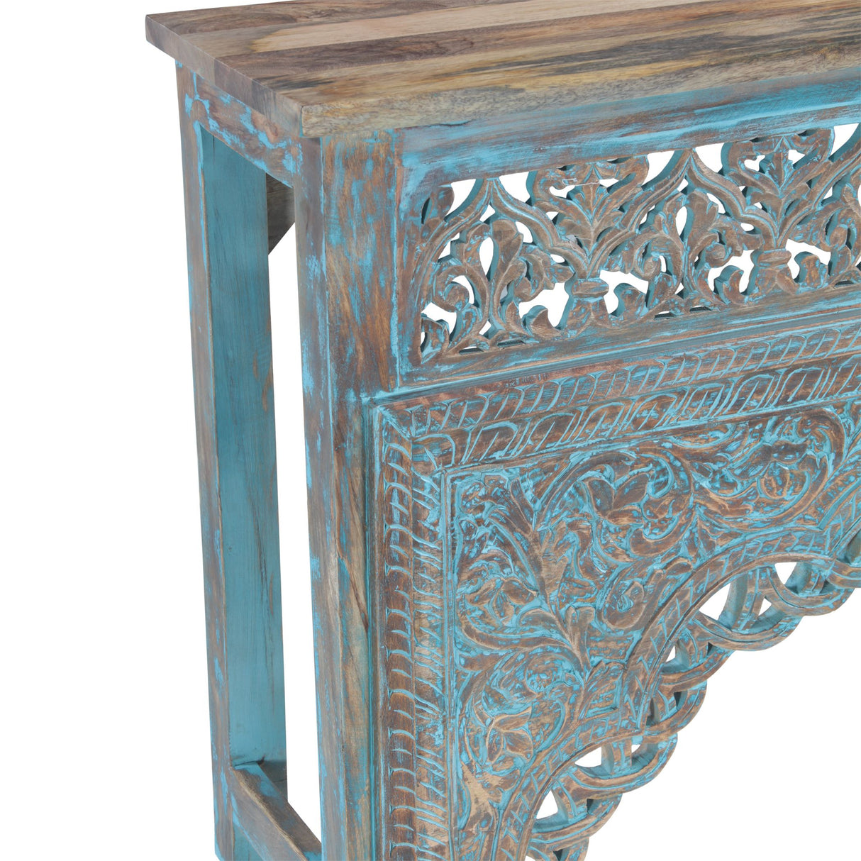 Tribal 59" Teal Carved Wood Console Table