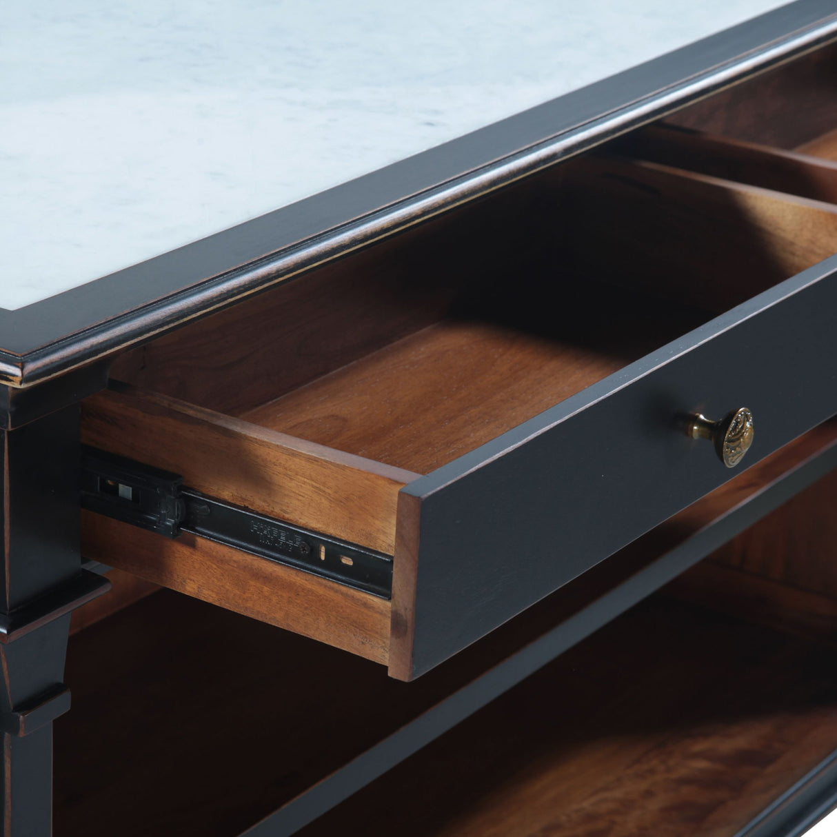 Turin 58" Kitchen Island in Distressed Black with White Marble Top from Home Trends & Design - Luna Furniture