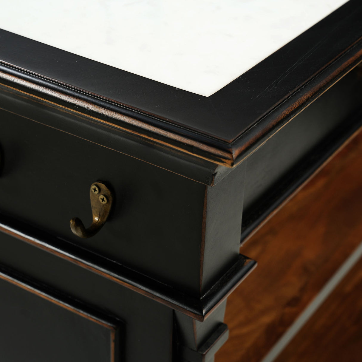 Turin 58" Kitchen Island in Distressed Black with White Marble Top from Home Trends & Design - Luna Furniture