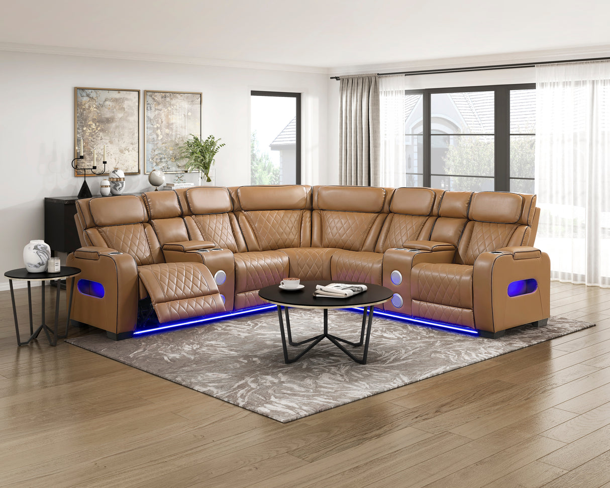 Fairway Brown 3-Piece LED Power Reclining Sectional with Consoles and Wireless speakers from Homelegance - Luna Furniture