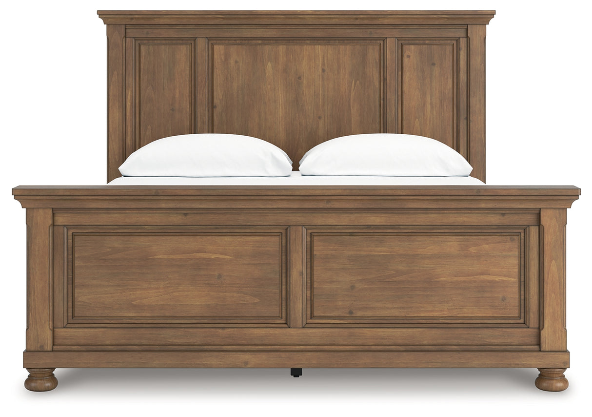 Feddinger California King Panel Bed with Mirrored Dresser, Chest and 2 Nightstands in Medium Brown from Ashley - Luna Furniture