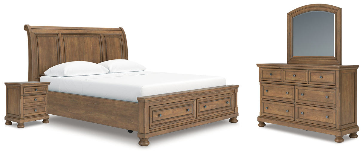 Feddinger California King Storage Sleigh Bed with Mirrored Dresser and Nightstand in Medium Brown from Ashley - Luna Furniture