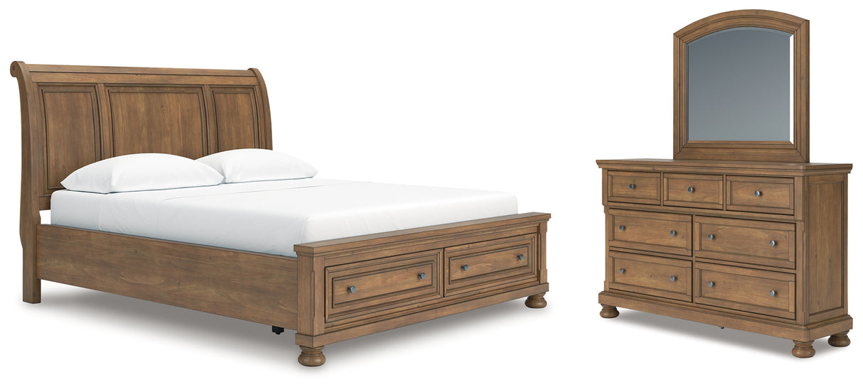 Feddinger California King Storage Sleigh Bed with Mirrored Dresser in Medium Brown from Ashley - Luna Furniture
