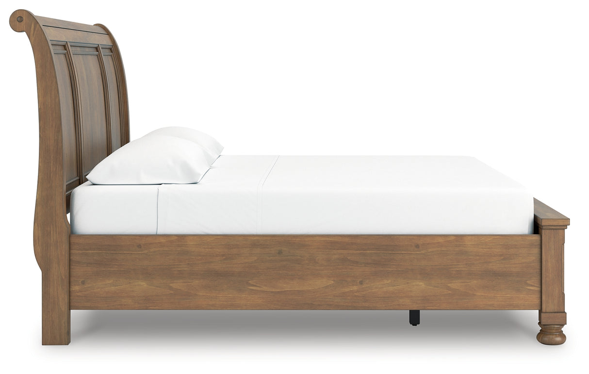 Feddinger King Storage Sleigh Bed with Dresser and Nightstand in Medium Brown from Ashley Furniture - Luna Furniture