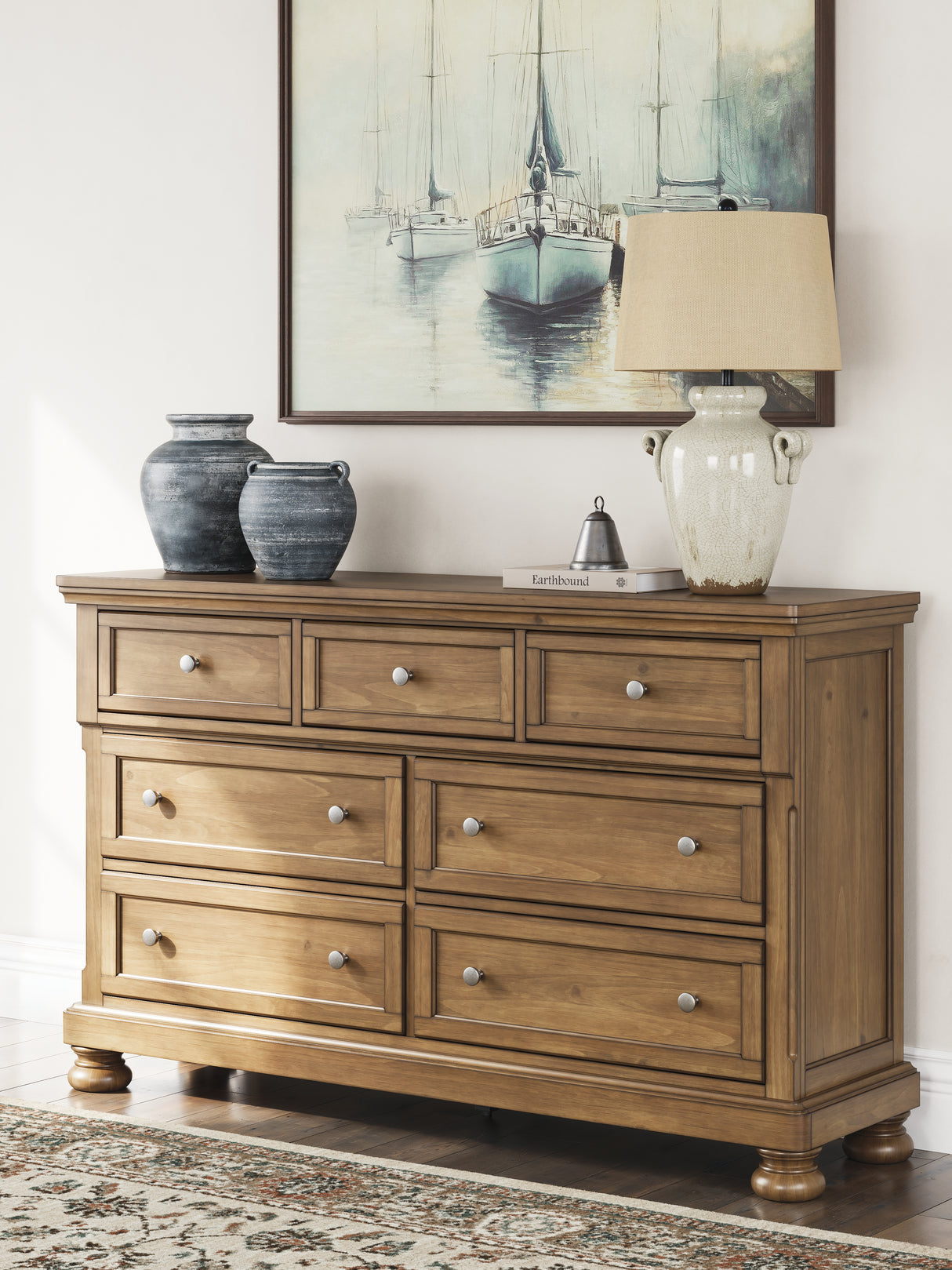 Feddinger King Storage Sleigh Bed with Dresser and Nightstand in Medium Brown from Ashley Furniture - Luna Furniture