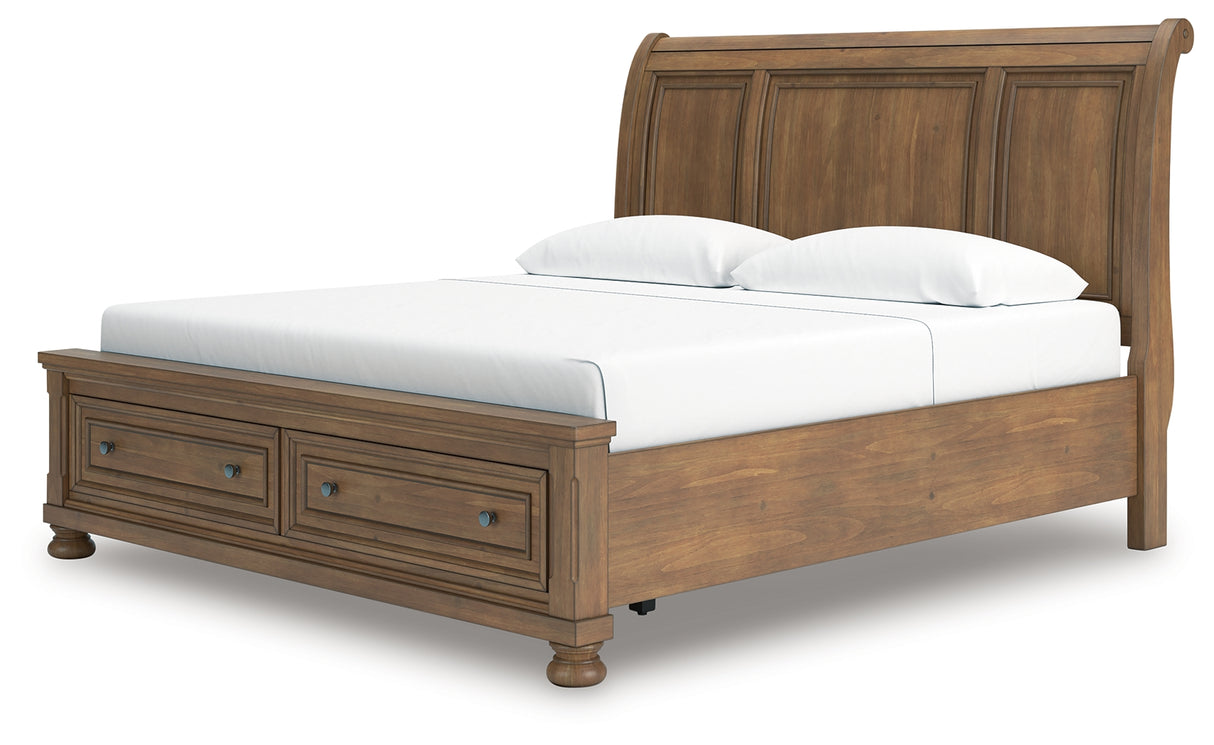 Feddinger King Storage Sleigh Bed with Mirrored Dresser, Chest and 2 Nightstands in Medium Brown from Ashley - Luna Furniture