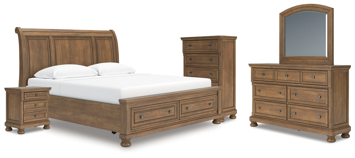Feddinger King Storage Sleigh Bed with Mirrored Dresser, Chest and Nightstand in Medium Brown from Ashley - Luna Furniture