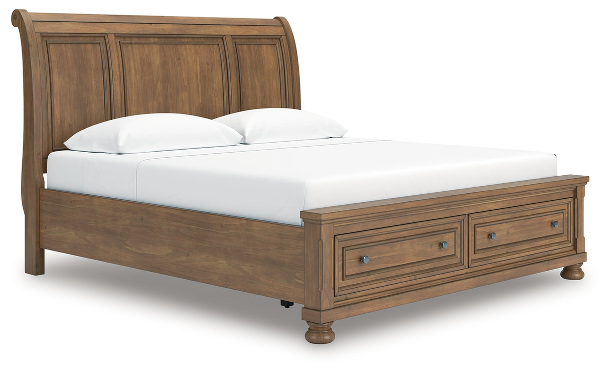 Feddinger King Storage Sleigh Bed with Mirrored Dresser and 2 Nightstands in Medium Brown from Ashley - Luna Furniture