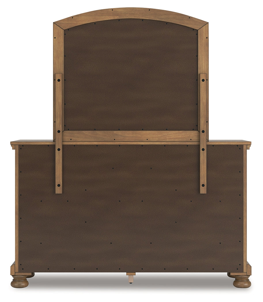 Feddinger King Storage Sleigh Bed with Mirrored Dresser and Chest in Medium Brown from Ashley Furniture - Luna Furniture