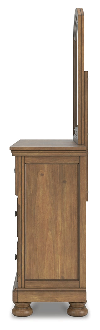 Feddinger King Storage Sleigh Bed with Mirrored Dresser and Chest in Medium Brown from Ashley Furniture - Luna Furniture