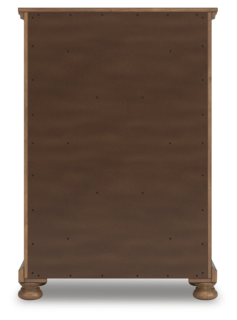 Feddinger King Storage Sleigh Bed with Mirrored Dresser and Chest in Medium Brown from Ashley Furniture - Luna Furniture