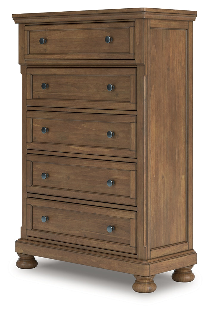Feddinger King Storage Sleigh Bed with Mirrored Dresser and Chest in Medium Brown from Ashley Furniture - Luna Furniture