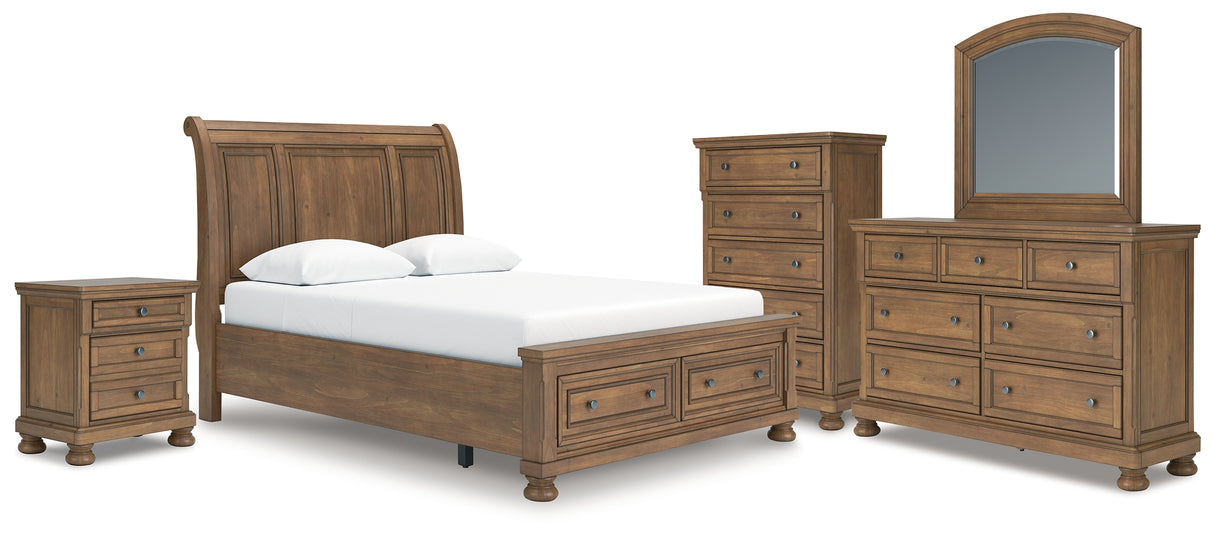 Feddinger Queen Storage Sleigh Bed with Mirrored Dresser, Chest and Nightstand in Medium Brown from Ashley - Luna Furniture