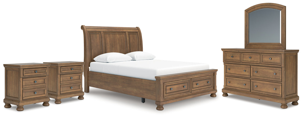 Feddinger Queen Storage Sleigh Bed with Mirrored Dresser and 2 Nightstands in Medium Brown from Ashley - Luna Furniture