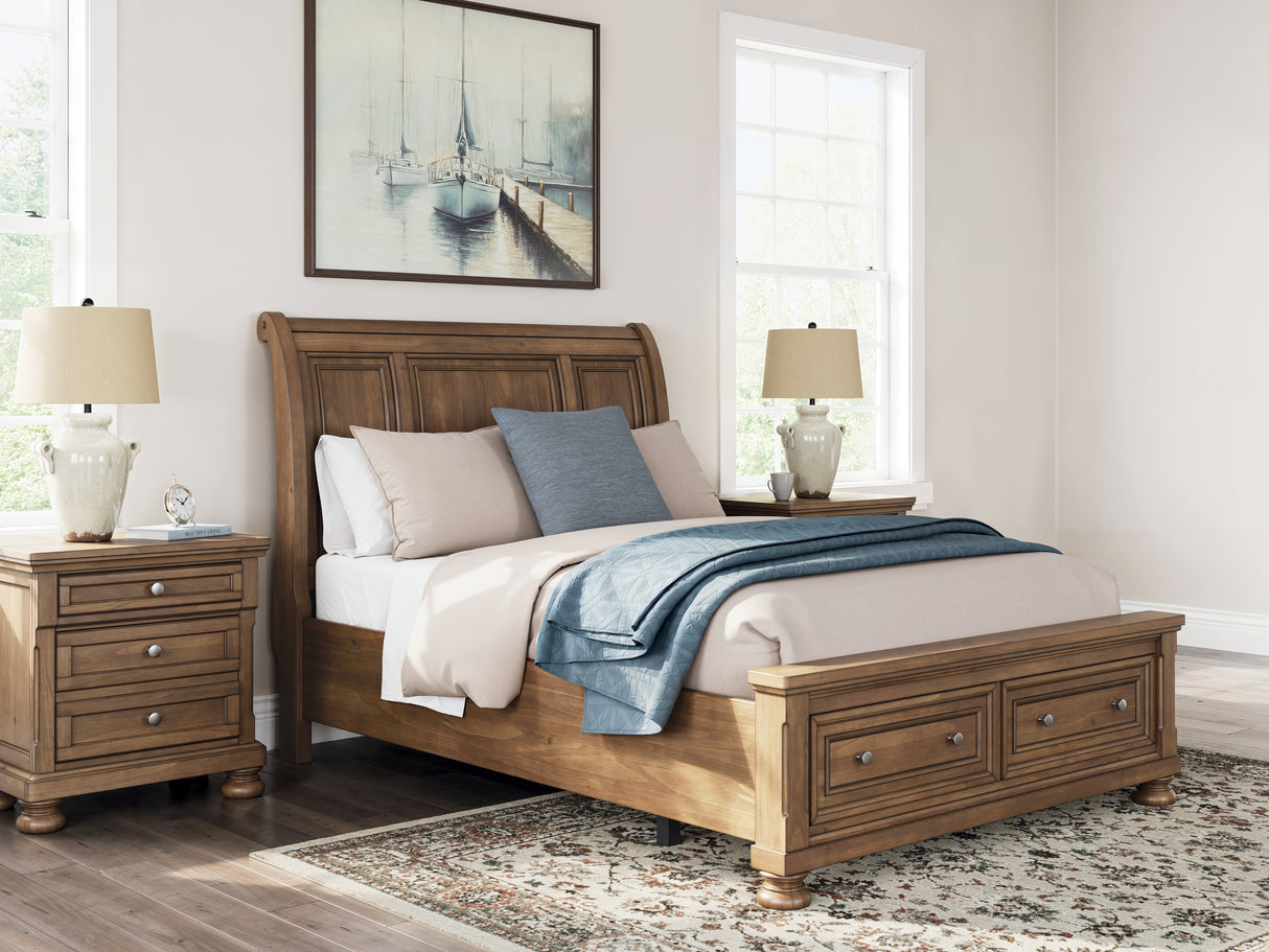 Feddinger Queen Storage Sleigh Bed with Mirrored Dresser and 2 Nightstands in Medium Brown from Ashley - Luna Furniture