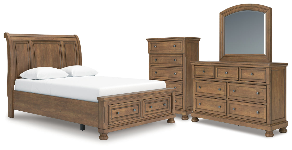 Feddinger Queen Storage Sleigh Bed with Mirrored Dresser and Chest in Medium Brown from Ashley - Luna Furniture
