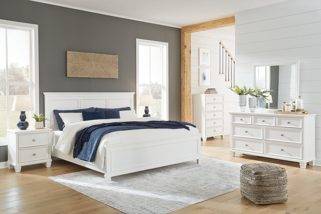 Fortman King Panel Bed with Mirrored Dresser, Chest and 2 Nightstands in White from Ashley - Luna Furniture