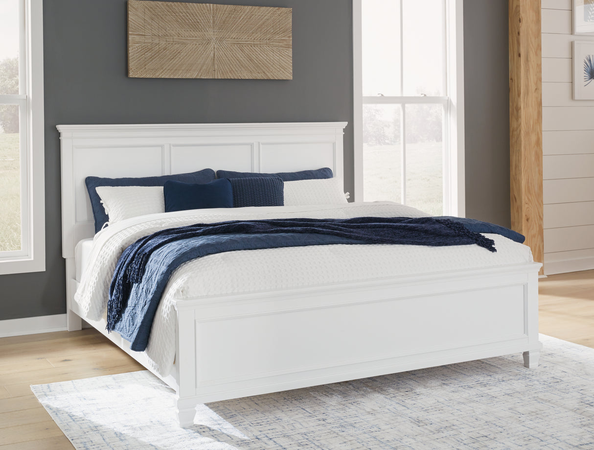 Fortman King Panel Bed with Mirrored Dresser, Chest and 2 Nightstands in White from Ashley - Luna Furniture