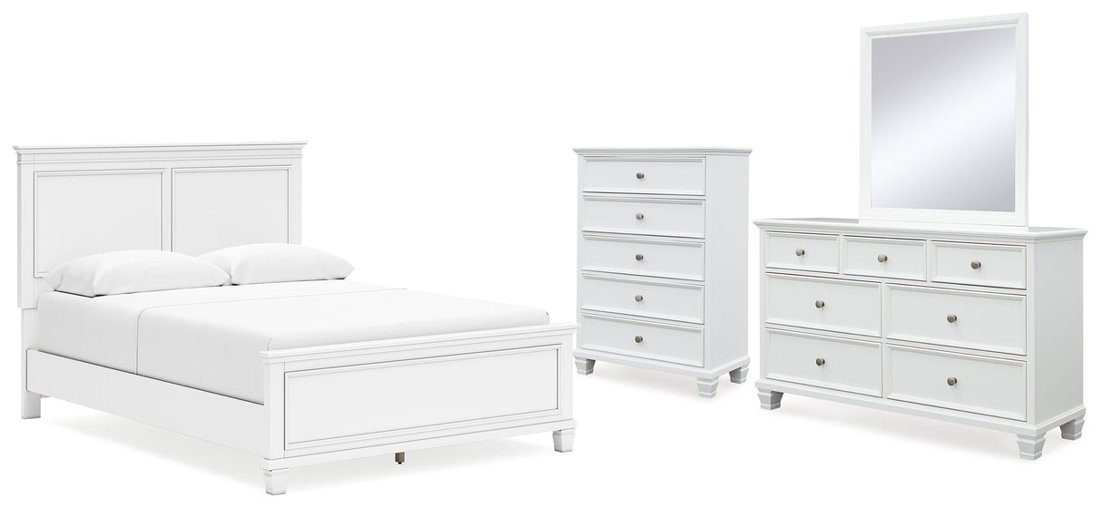 Fortman Queen Panel Bed with Mirrored Dresser and Chest in White from Ashley - Luna Furniture