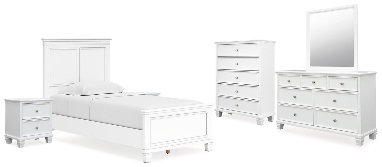 Fortman Twin Panel Bed with Mirrored Dresser, Chest and 2 Nightstands in White from Ashley - Luna Furniture