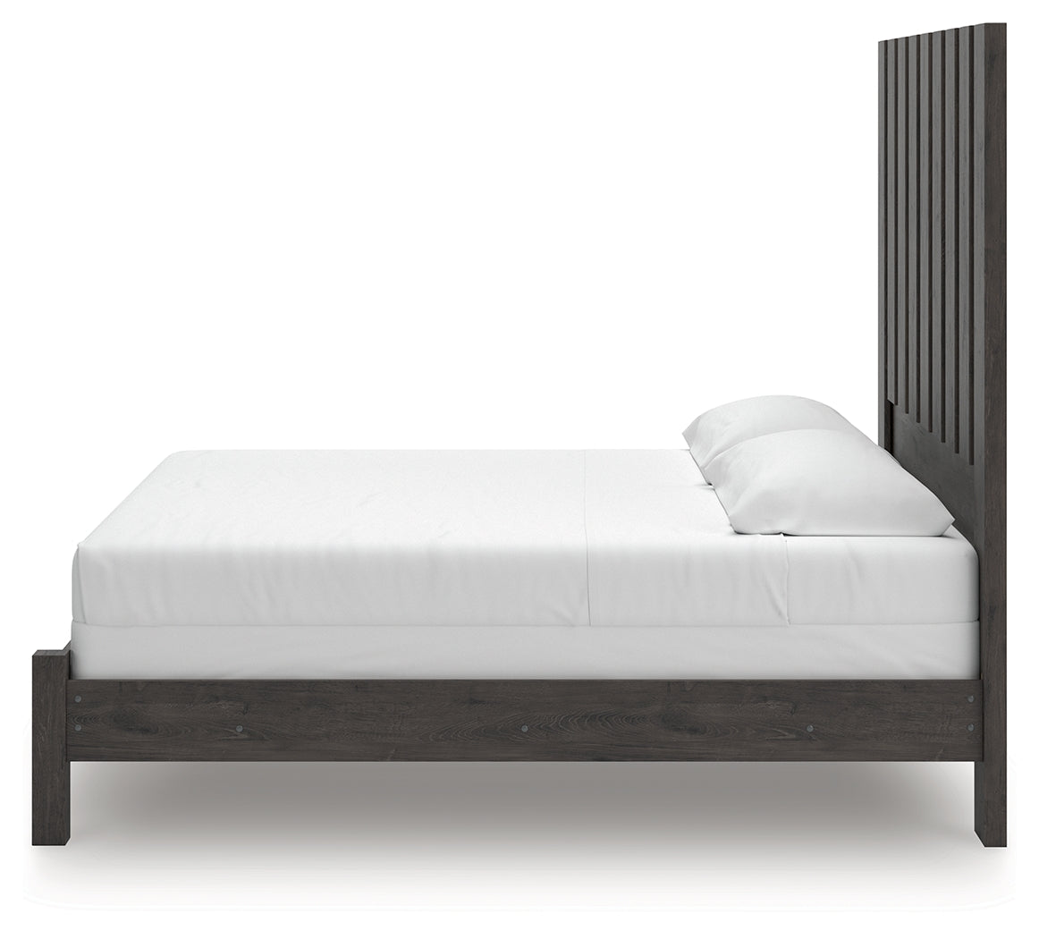 Fraluna King Panel Bed with Mirrored Dresser and Nightstand in Charcoal from Ashley Furniture - Luna Furniture
