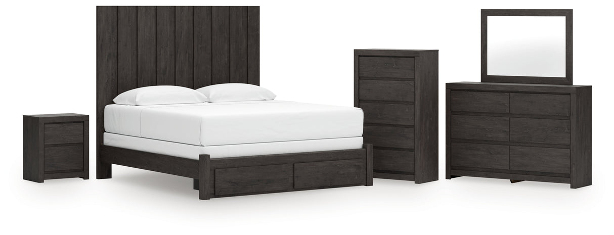 Fraluna King Panel Storage Bed with Mirrored Dresser, Chest and Nightstand in Charcoal from Ashley Furniture - Luna Furniture