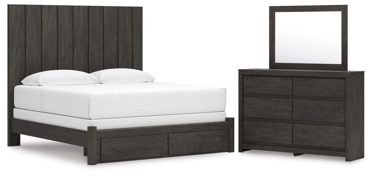 Fraluna King Panel Storage Bed with Mirrored Dresser in Charcoal from Ashley Furniture - Luna Furniture