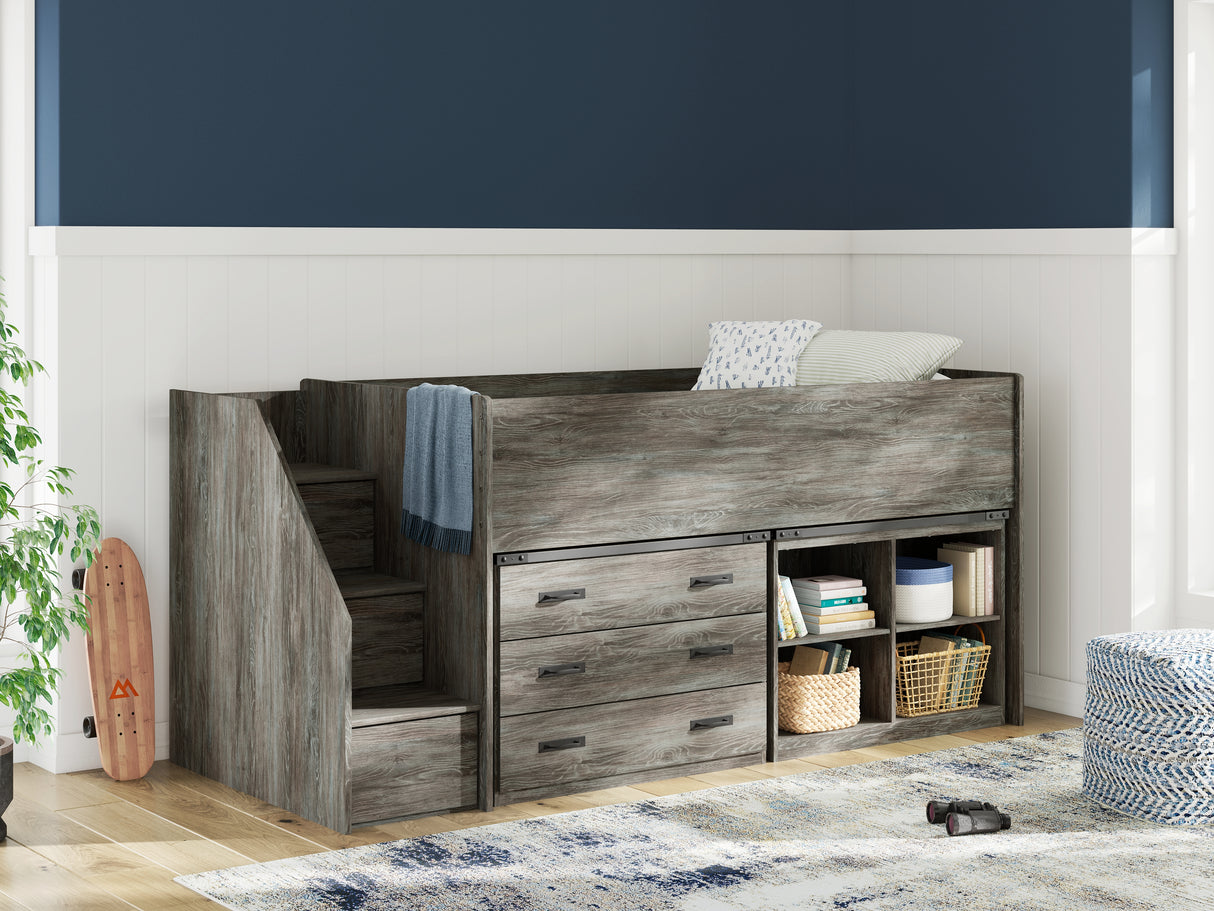Frandern Gray Twin Loft Bed with Bookcase and Drawer Storage from Ashley - Luna Furniture