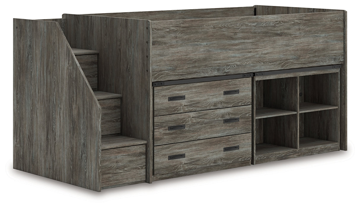 Frandern Gray Twin Loft Bed with Bookcase and Drawer Storage from Ashley - Luna Furniture