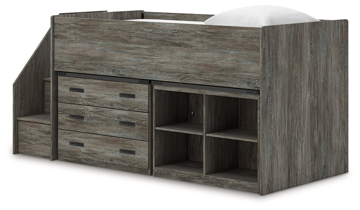Frandern Gray Twin Loft Bed with Bookcase and Drawer Storage from Ashley - Luna Furniture