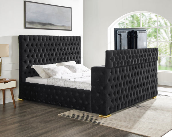 Future Black Velvet Queen Platform Bed with Footboard TV Lift