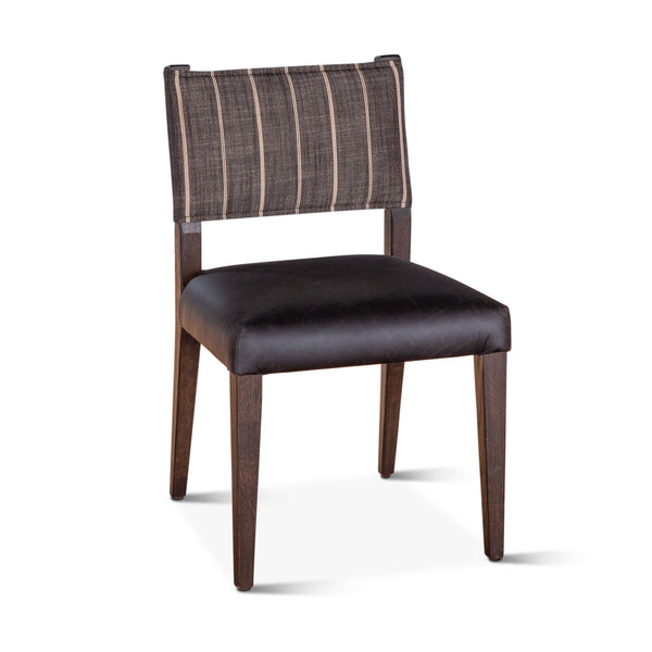Maya 21" Dining Chair in Black Striped Linen and Black Leather with Dark Legs, Set of 2