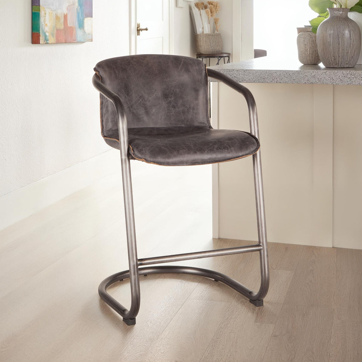Portofino 22" Counter Chair in Antique Ebony Top Grain Leather from Home Trends & Design - Luna Furniture