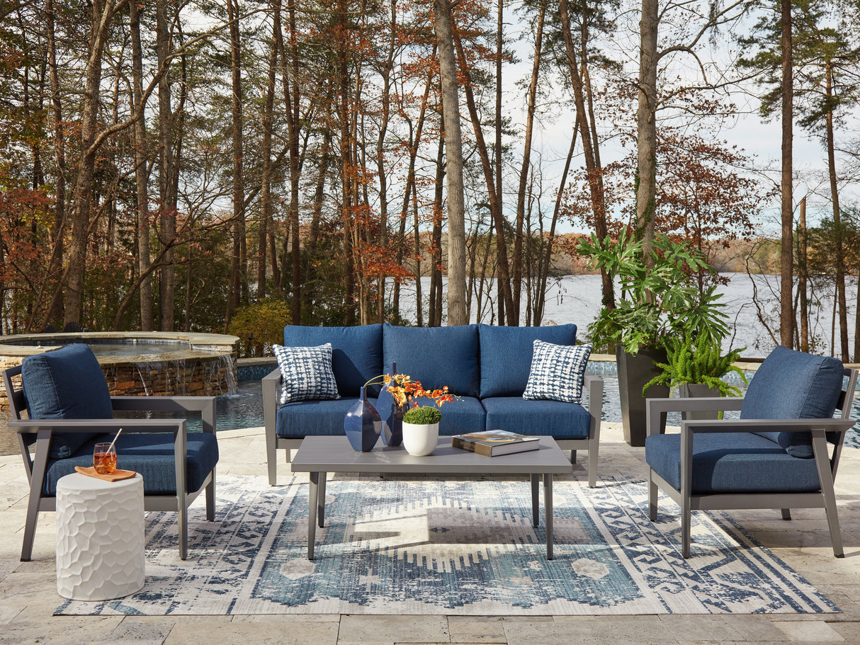 Gali Gray/Blue Outdoor Sofa/Chairs/Table Set (Set of 4) from Ashley - Luna Furniture