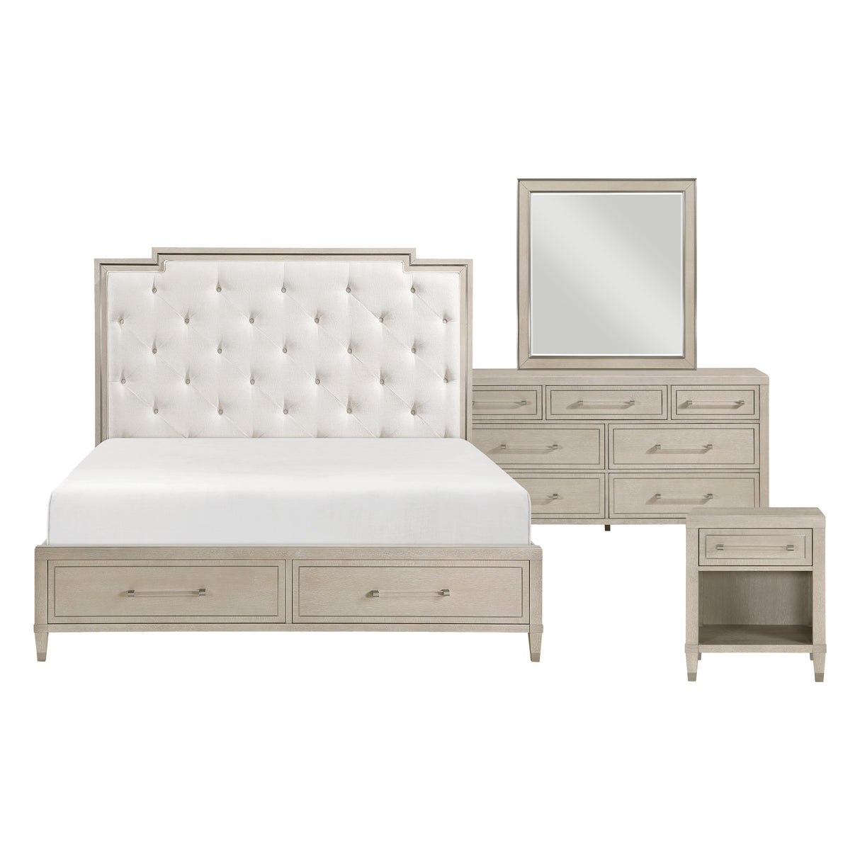 Genoa Light Oak 4-Piece Queen Upholstered Storage Platform Bedroom Set (QB+NS+DR+MR) from Homelegance - Luna Furniture