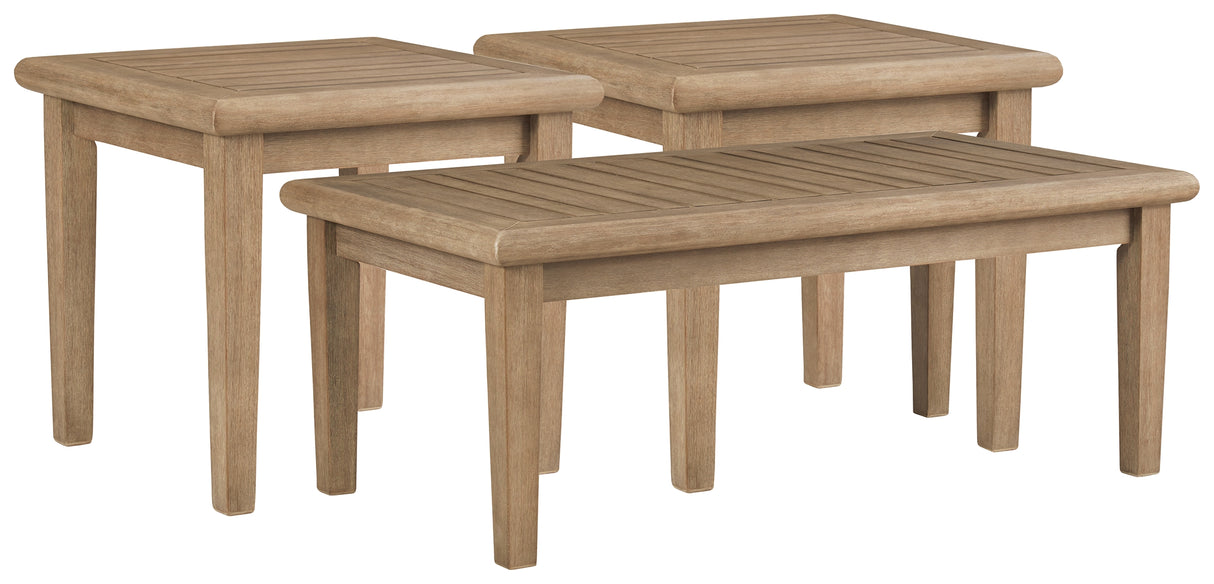 Gerianne Outdoor Coffee Table with 2 End Tables in Grayish Brown from Ashley Furniture - Luna Furniture
